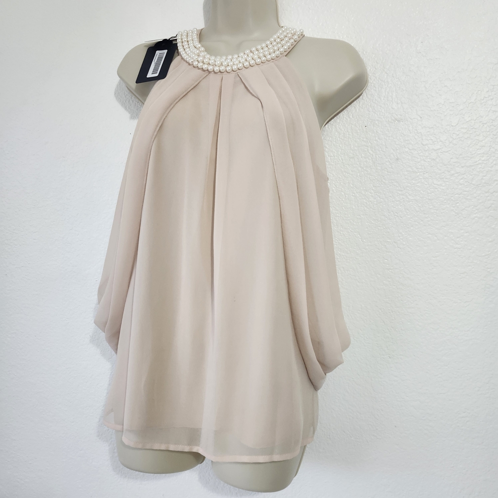 Pearl Collar Soft Blush Draped Tailor Designed Blouse (NOT BY ANNE FONTAINE)